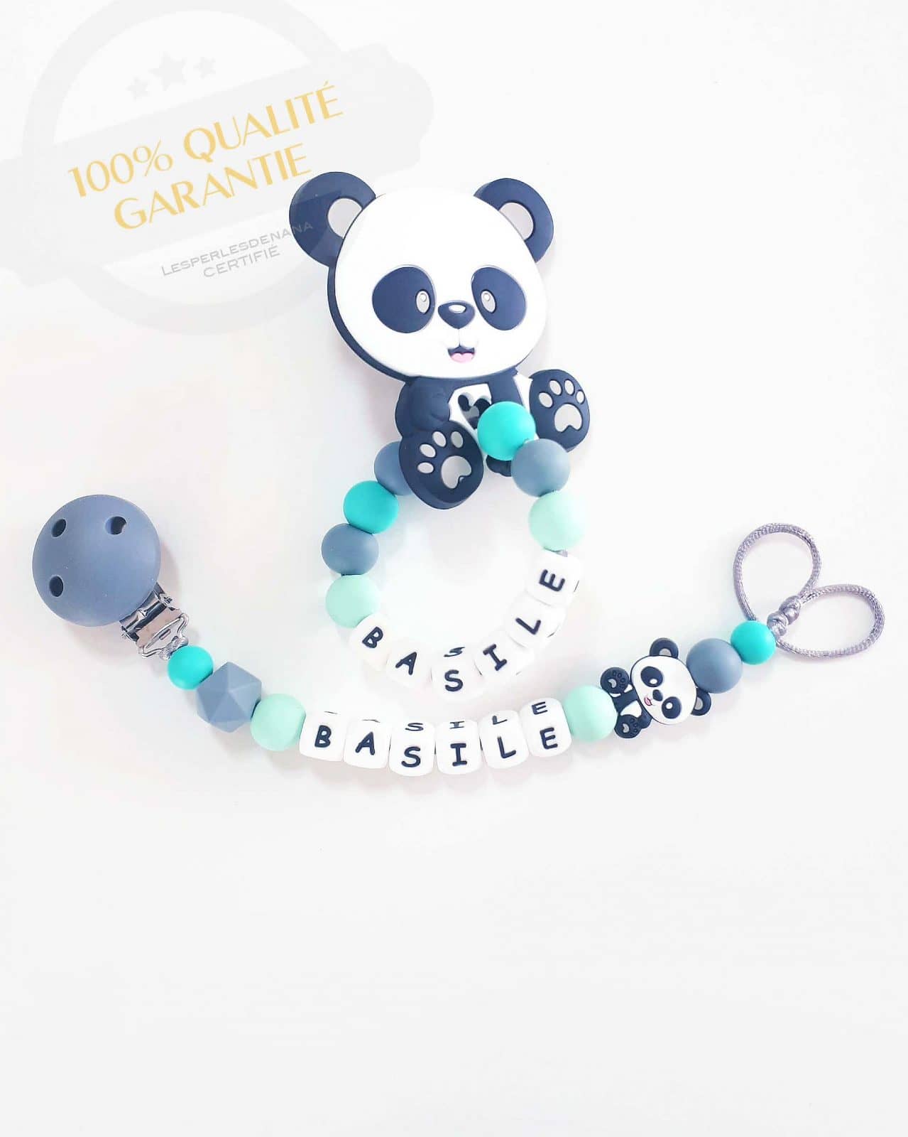 Attache tétine Garçon anneau personnalisée Panda - Cadeaux Naissance Noel  jouets en bois