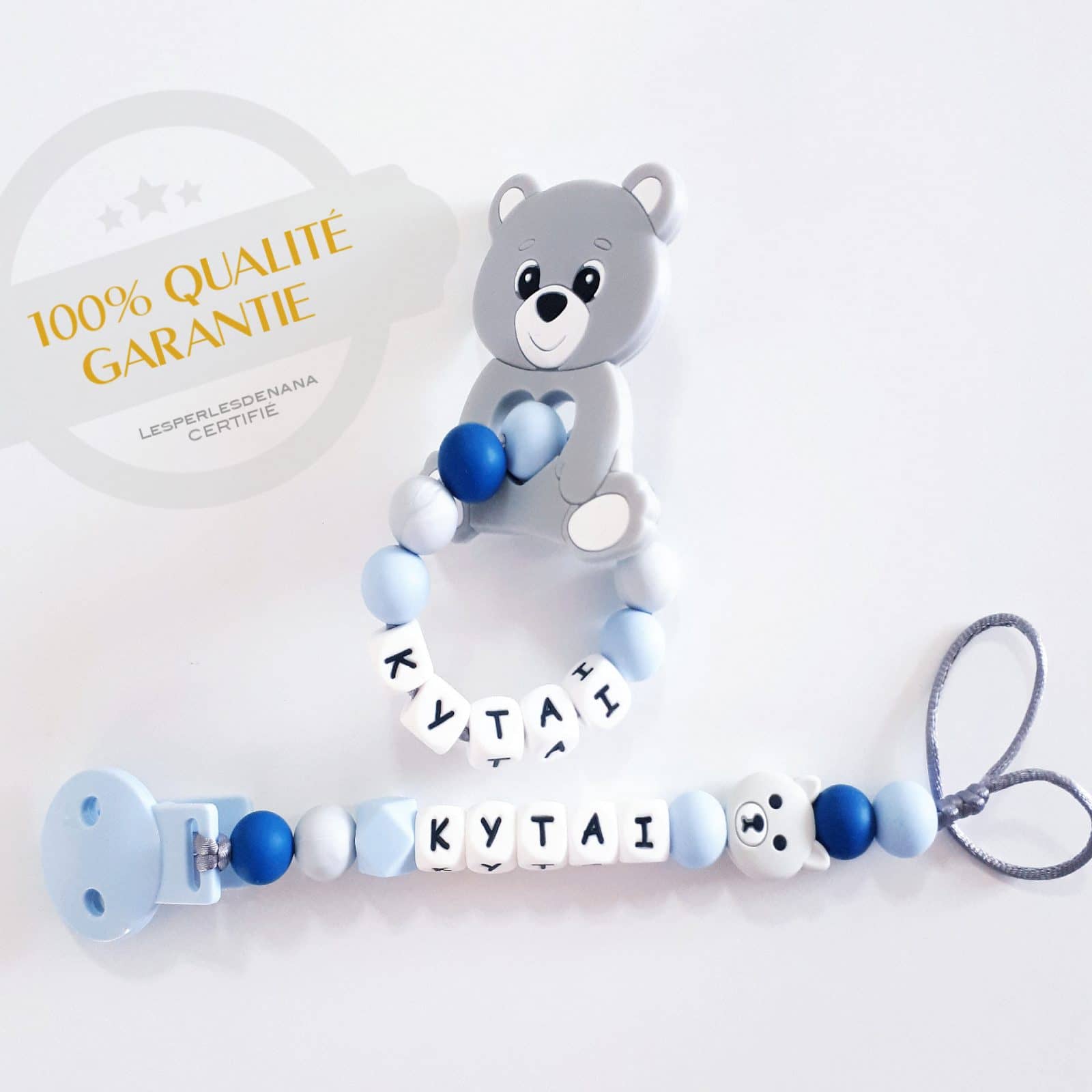 Attache tétine sucette personnalisée / prénom / jouet bébé naissance cadeau  , modèle panda bleu -  France